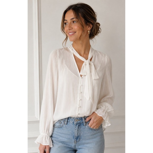 White House Black Market Tops - WHBM Tie Neck Blouse NWT White Metallic Pinstripe Ruffle M Office Romantic Fairy